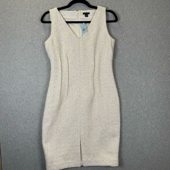 Ann Taylor Womens Size 0P Sequin Tweed Sheath Dress Cream Sleeveless Lined NWT - Picture 1 of 8